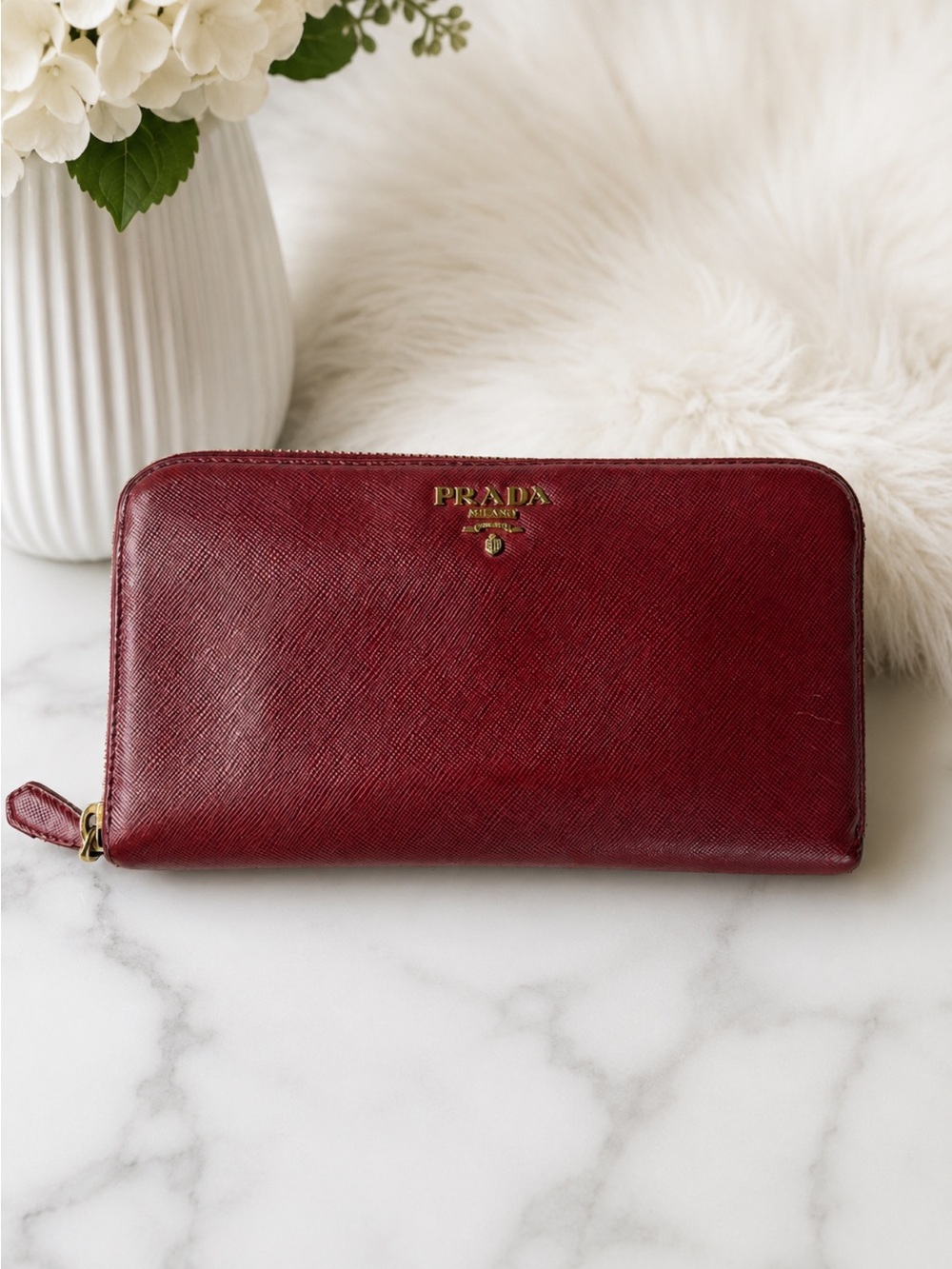 Prada Red Saffiano Leather Zip Around Wallet Gold HW Authentic Made in Italy